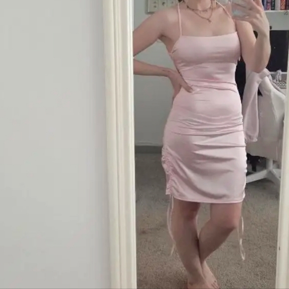 Pink Satin Drawstring Ruched Criss-cross Back Adjustable Length Mini Dress (M) - Picture 9 of 13